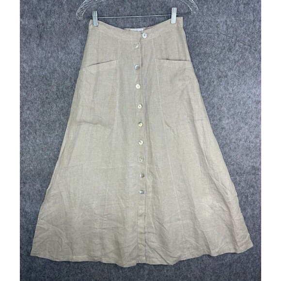 Vintage Moda International Size 8 Beige Khaki Maxi Button Up Skirt 100% Linen - Picture 1 of 7